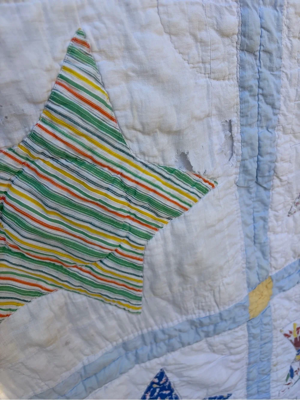 Antique Handmade Patchwork Star Quilt in Blue, Pink, & Yellow-62x78”